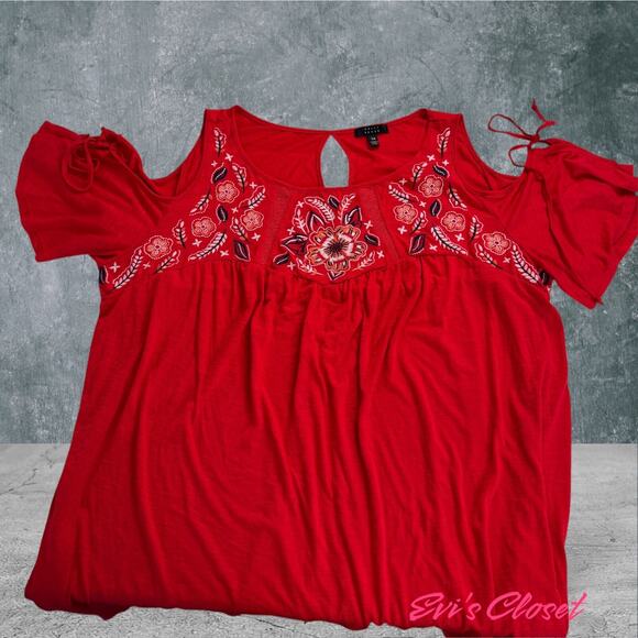 Kelly Renee Bohemian Red Embroidered Tie Cold Shoulder Peasant Tunic Blouse 3X - Picture 5 of 15